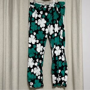 Royal and Awesome Shamrock Patterned Pants in Black and Green, Men’s 38/30